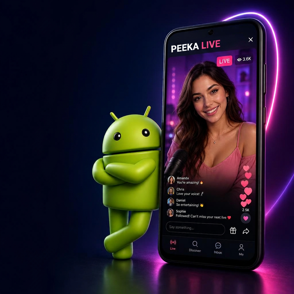 Android robot beside a smartphone showing the PEEKA LIVE app live stream screen